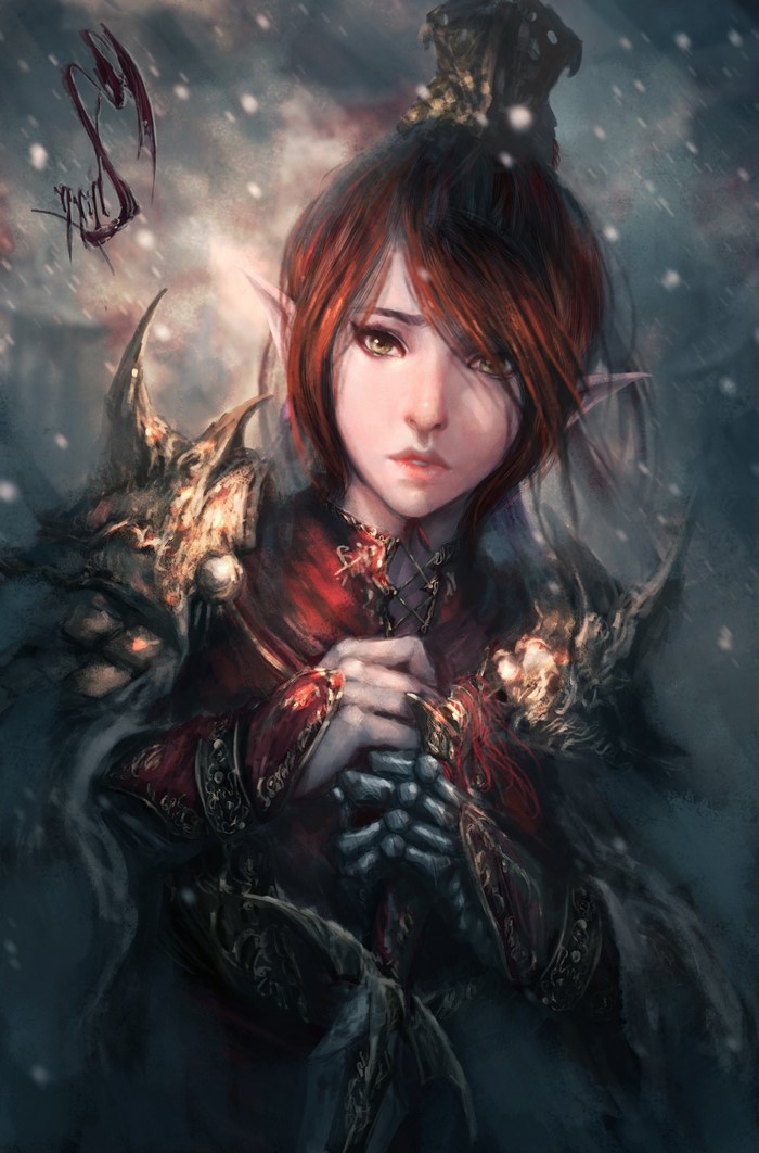 Fantasy elf warrior in red armor with snow