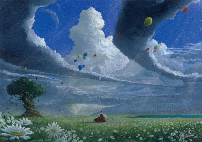 Fantasy landscape with balloons and a wizard