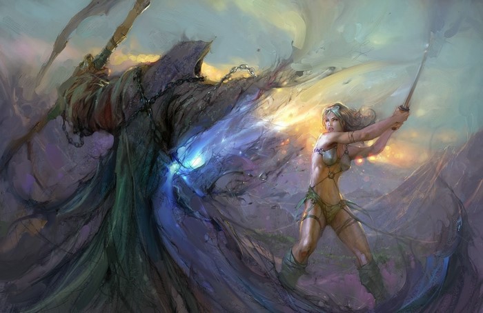 Fantasy art of a woman fighting the Grim Reaper