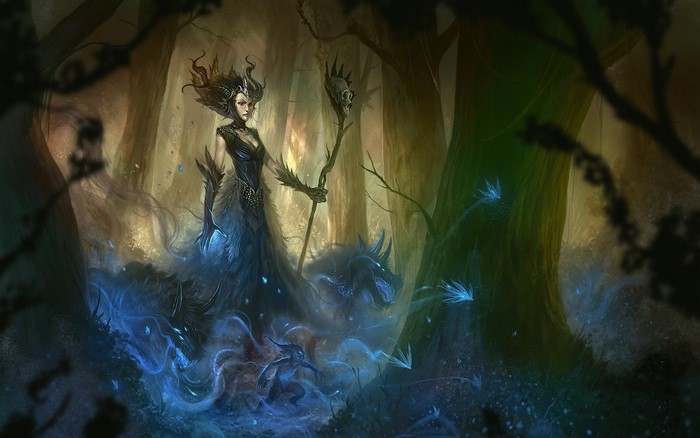 Fantasy art of a witch in a dark forest