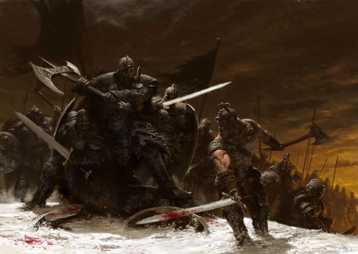Viking warriors in battle with axes and swords