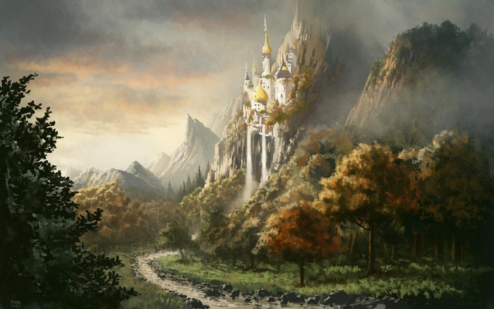 Fantasy castle on a cliff with a waterfall and forest path