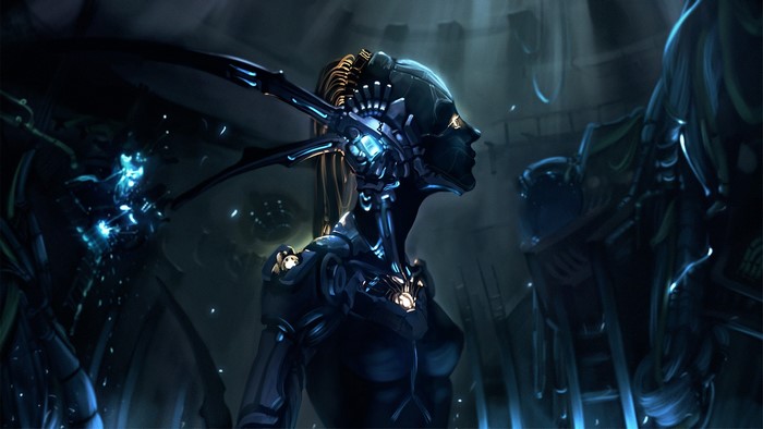 Futuristic android with glowing blue accents