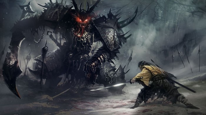 Samurai fighting a demonic monster in a snowy forest