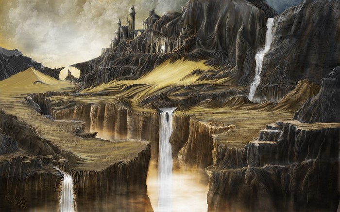 Fantasy castle on a rocky mountain with waterfalls