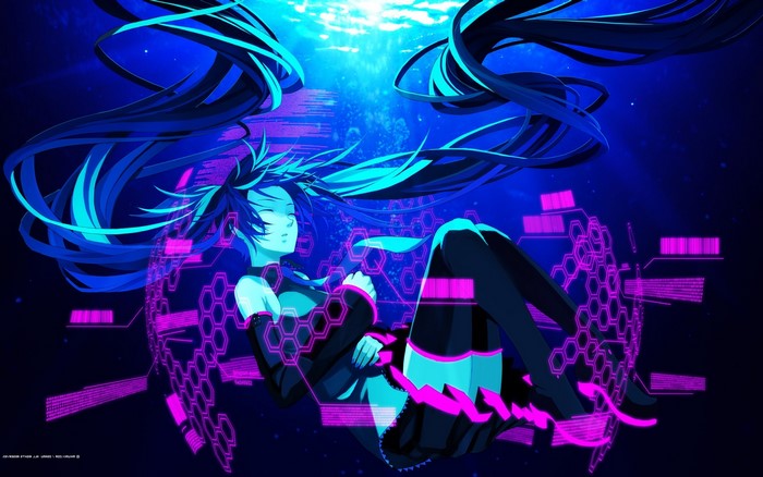 Hatsune Miku from Vocaloid underwater with digital interface