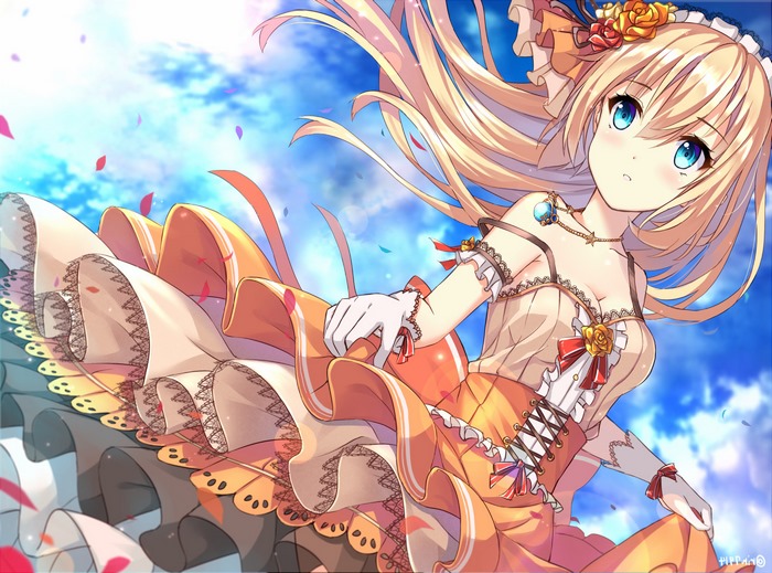 Anime girl with blonde hair and blue eyes in a dress