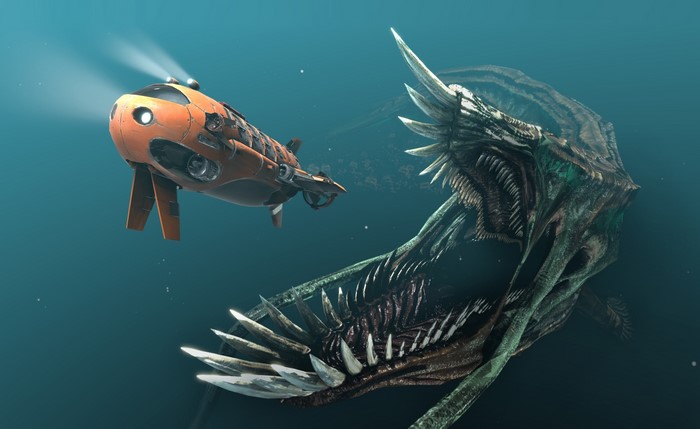 Giant Sea Monster Approaching Submarine Underwater
