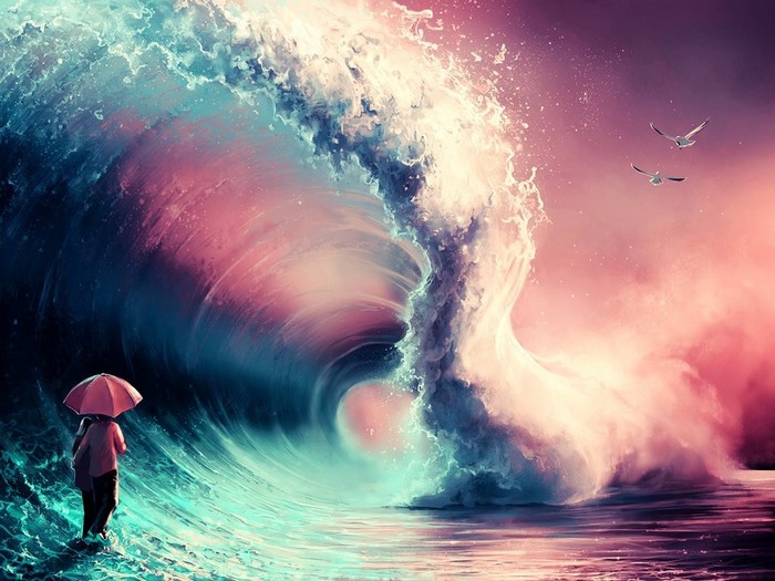 Fantasy art of a girl with an umbrella facing a giant wave