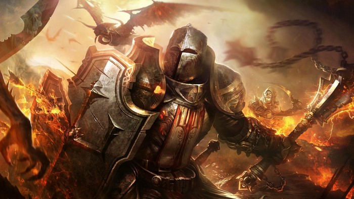 Crusader from Diablo 3 fighting a dragon and a reaper