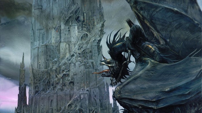 The Witch-king of Angmar on a dragon near Barad-dûr from The Lord of the Rings