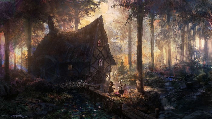 Fantasy art of a witch and familiar by a forest cabin