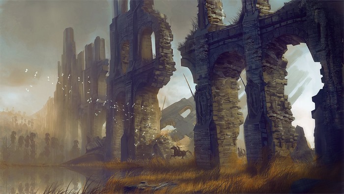 Fantasy ruins with birds and a horse rider