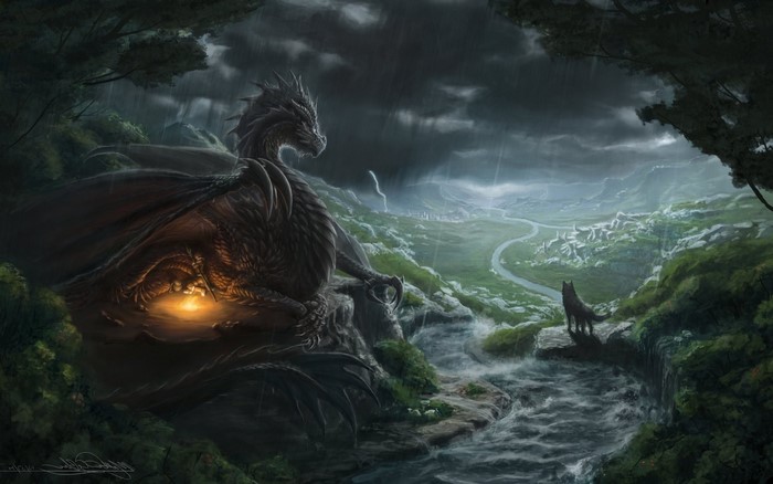 Dragon and wolf overlooking a valley during a storm