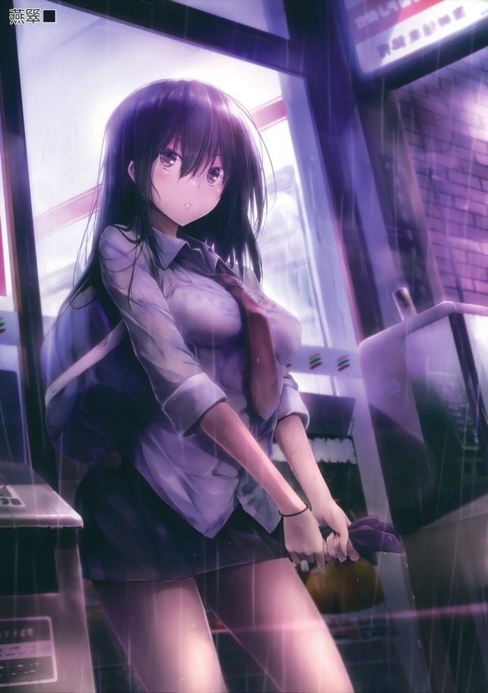 Anime girl in school uniform in the rain