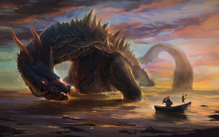 Dragon and knight fishing at sunset