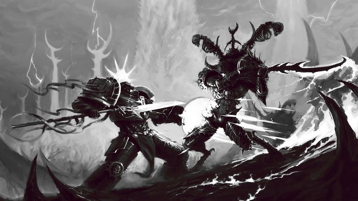 Warhammer Grey Knight fighting a demon warrior