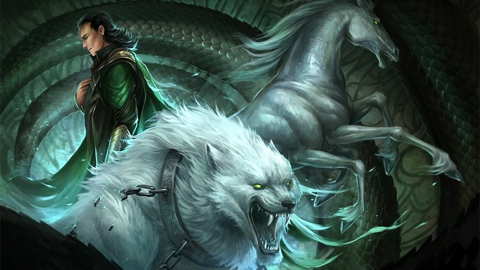 Loki with Fenrir and Sleipnir in fantasy art