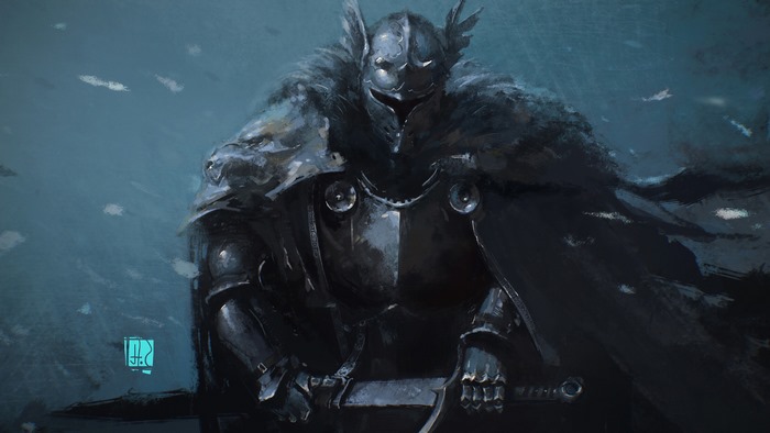 Knight in dark armor holding a sword