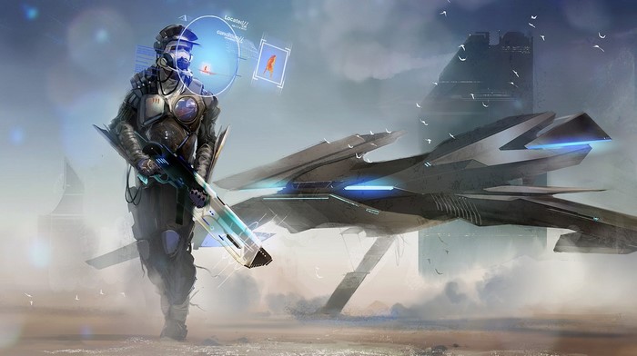 Futuristic soldier with advanced rifle and spaceship
