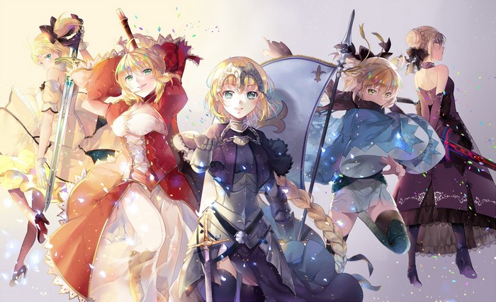 Anime girls from Fate series with swords and banners