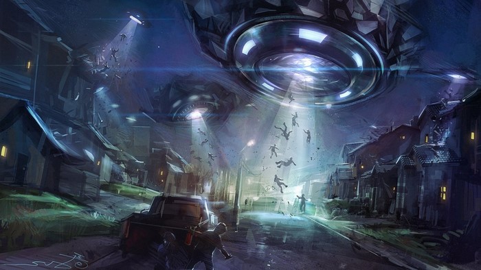 Alien Spaceship Abducting People at Night