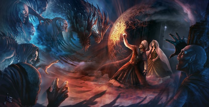 Fantasy battle with demons, dragon, and sorcerers