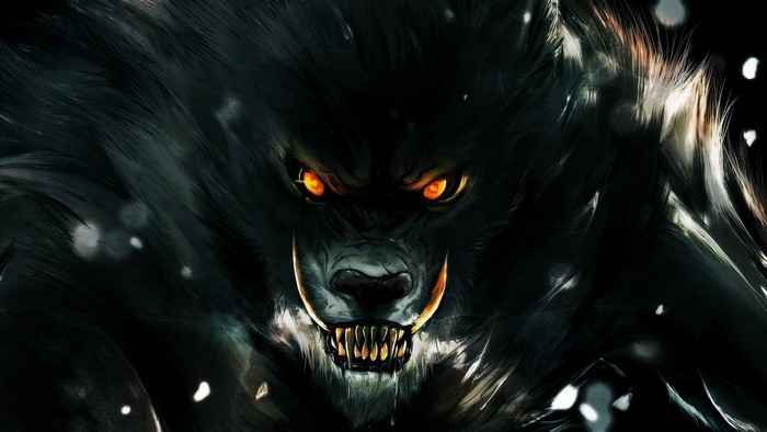Werewolf with glowing orange eyes and sharp fangs