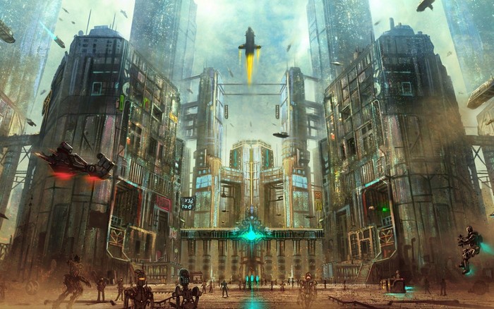 Futuristic cyberpunk city with robots and spaceships