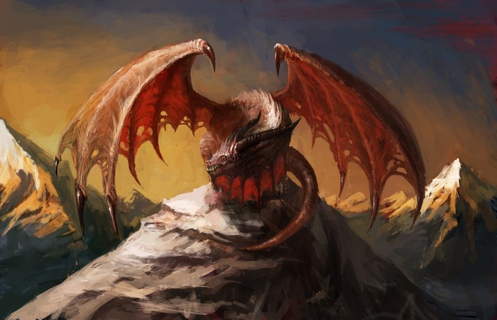 Dragon perched on a rocky peak with wings spread