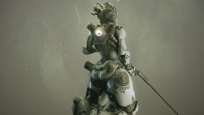Artwork of a female cyborg with a smiley face emblem