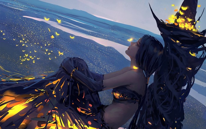 WLOP painting of a woman with black wings and butterflies