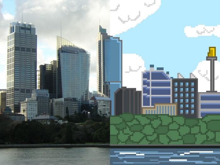 Pixel Art Cityscape vs. Real Cityscape