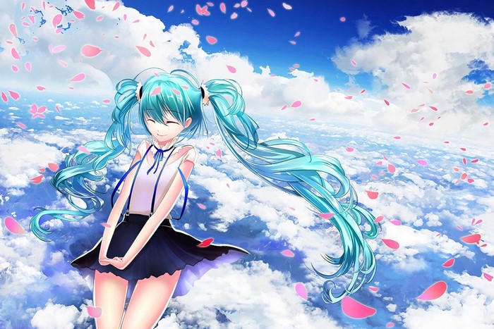 Hatsune Miku floating among clouds with petals
