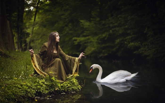 Woman in fantasy dress with swan by a forest stream