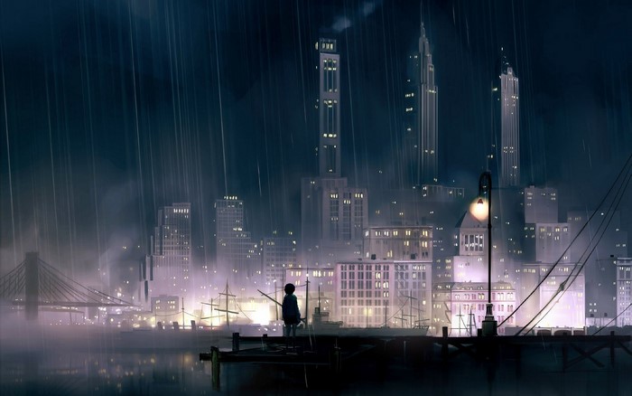 Rainy Night Cityscape with Silhouette on Pier