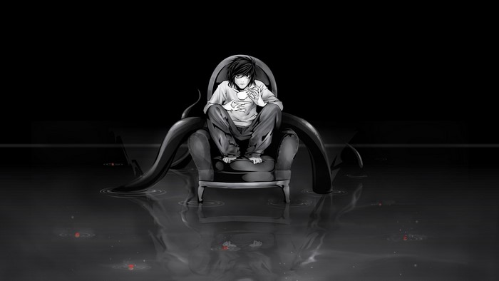 L from Death Note sitting in a chair