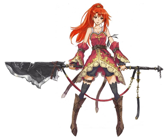Anime girl with red hair holding a large weapon