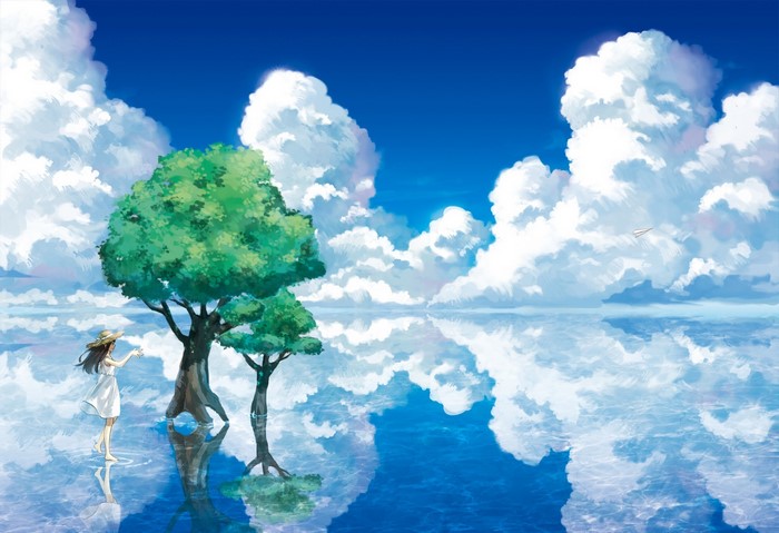 Anime girl in white dress by trees reflected in water