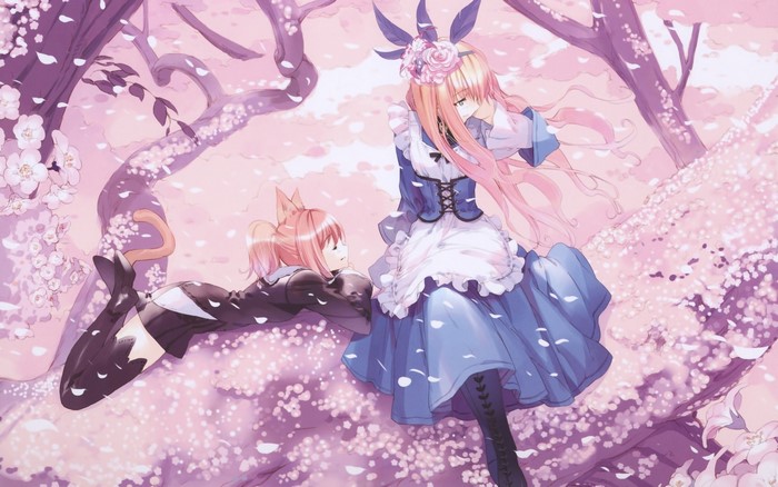 Anime girls with cat ears and cherry blossoms