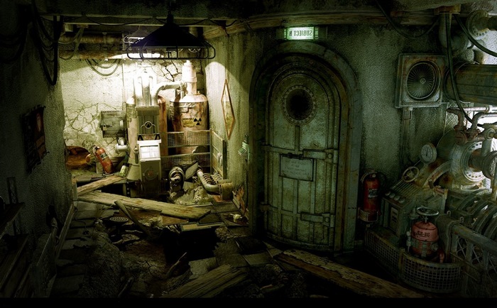 Apocalyptic laboratory with rusty machinery and a large door