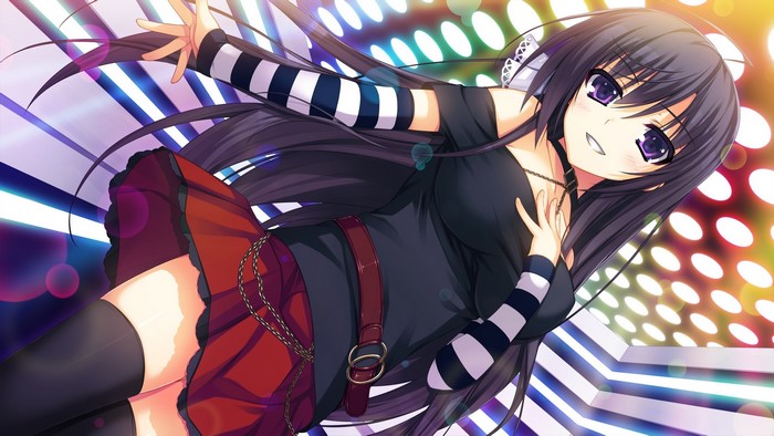 Anime girl with dark hair and purple eyes