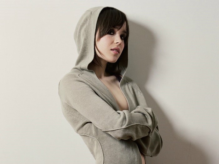 Ellen Page wearing a grey hooded cardigan