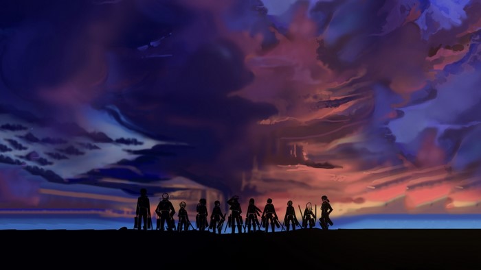 Silhouettes of Attack on Titan characters against a dramatic sky