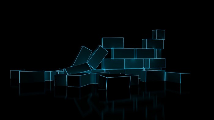 Glowing blue neon bricks on a black background