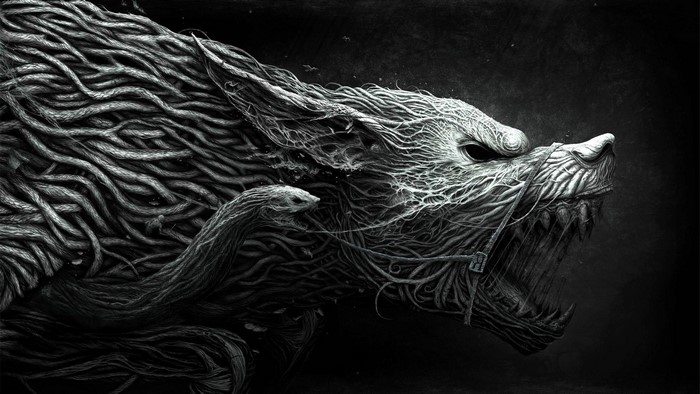 Fantasy wolf made of roots with open mouth