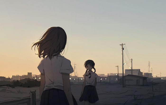 Two anime girls in school uniforms at sunset