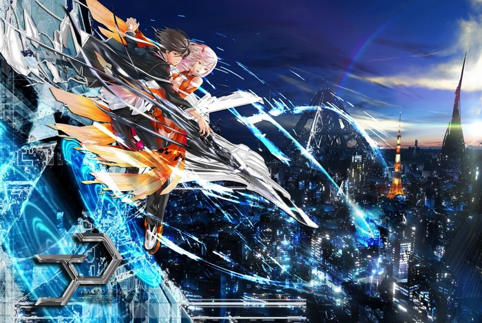 Guilty Crown: Ouma Shuu and Yuzuriha Inori in a futuristic city