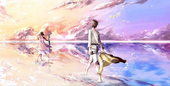 Eren, Mikasa, and Armin from Attack on Titan by the sea