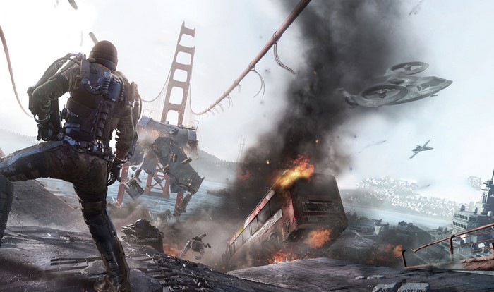 Soldier in exoskeleton near Golden Gate Bridge during battle